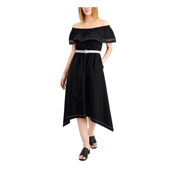 DONNA KARAN NEW YORK Womens Black Belted Unlined Hem Ladder Trim Midi Dress 10